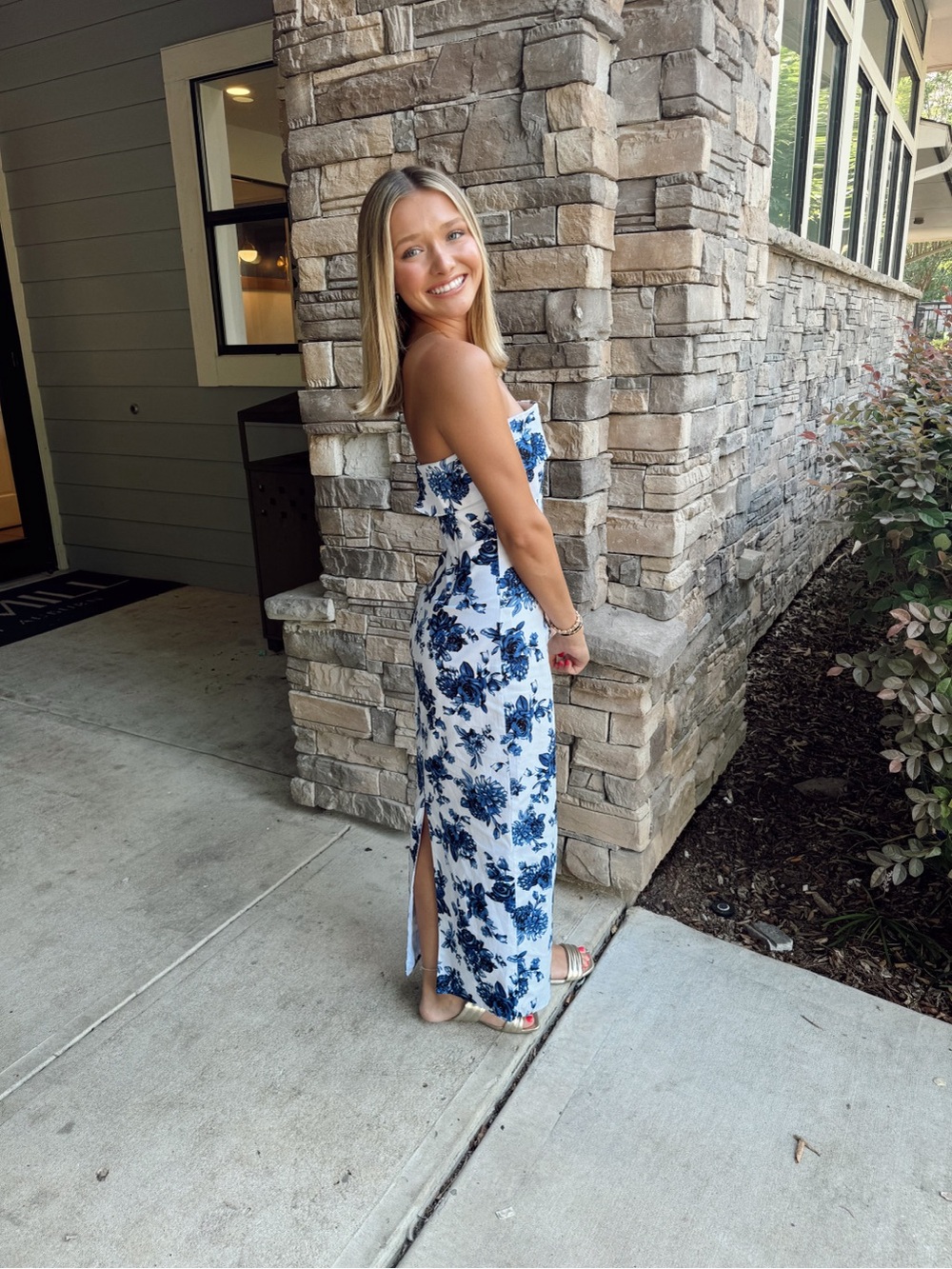 Blue Floral Strapless Maxi Dress by